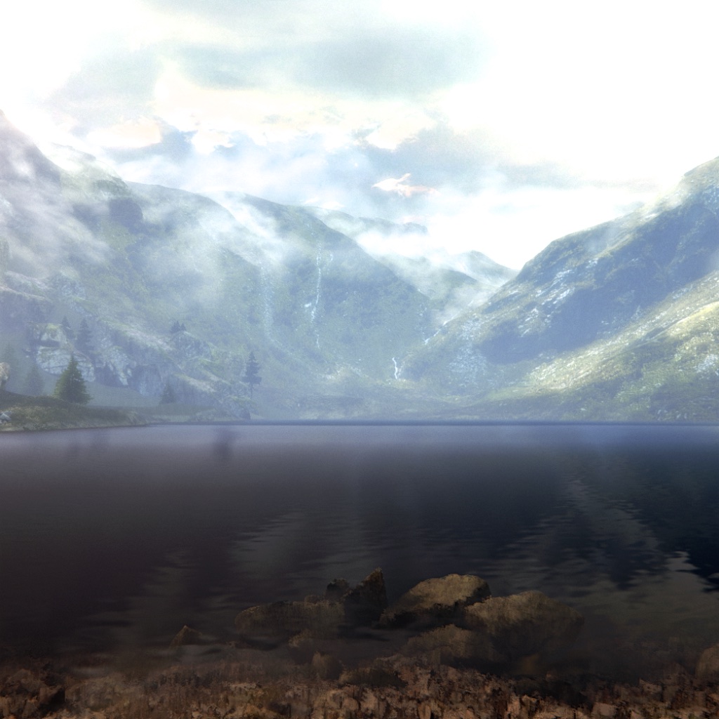 image: mountains, lake, clouds