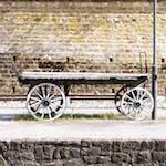 image: an old luggage trolley that’s been left in place so long weeds grow under it