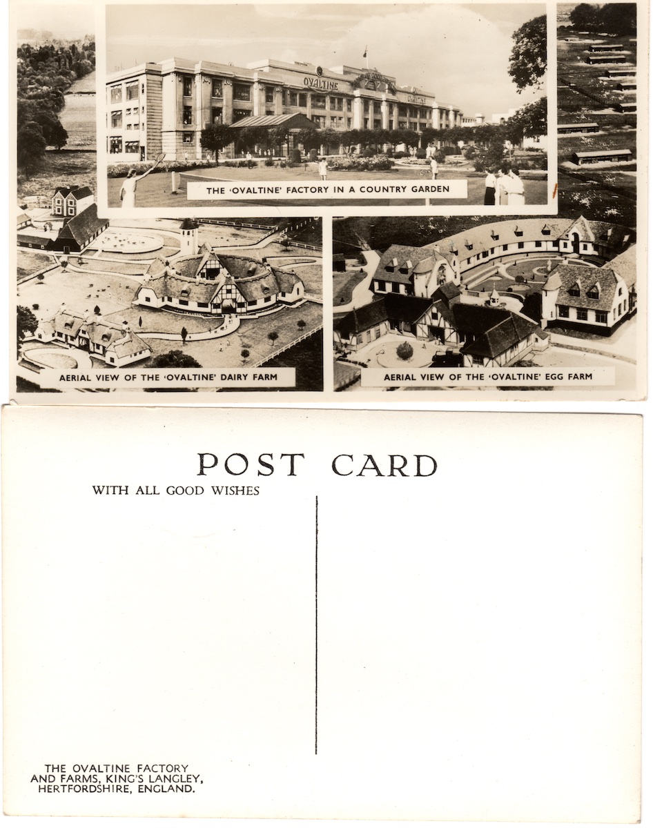 The ‘Ovaltine’ factory in a country garden; aerial view of the ‘Ovaltine’ dairy farm; aerial view of the ‘Ovaltine’ egg farm; post card; with all good wishes; the ovaltine factory and farms, king’langley, hertfordshire, england.