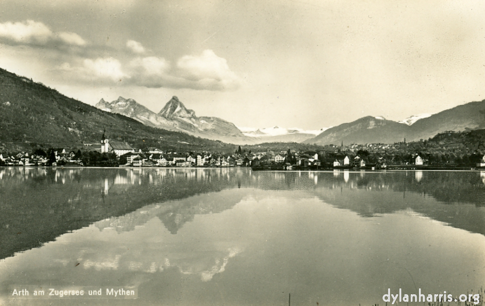 Image: Postcard: Arth am Zugersee und Mythen [[ Lake Zug and Arth. Goldau in right distance. ]]