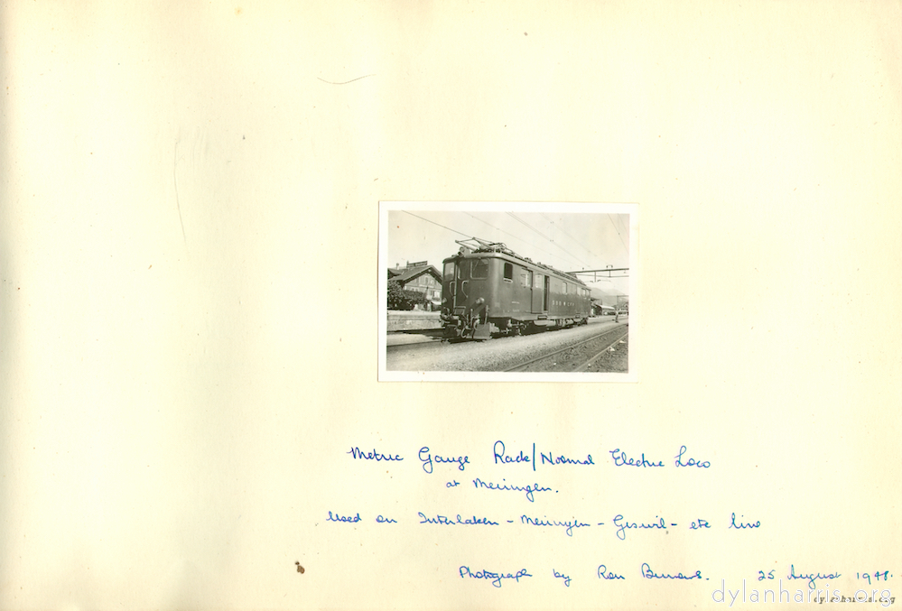 image: Metric Gauge Rack / Normal Electric Loco at Meiringen. Used on Interlaken - Meiringin - Giswil - etc. line. Photograph by Ray Burrows. 25 August 1948.