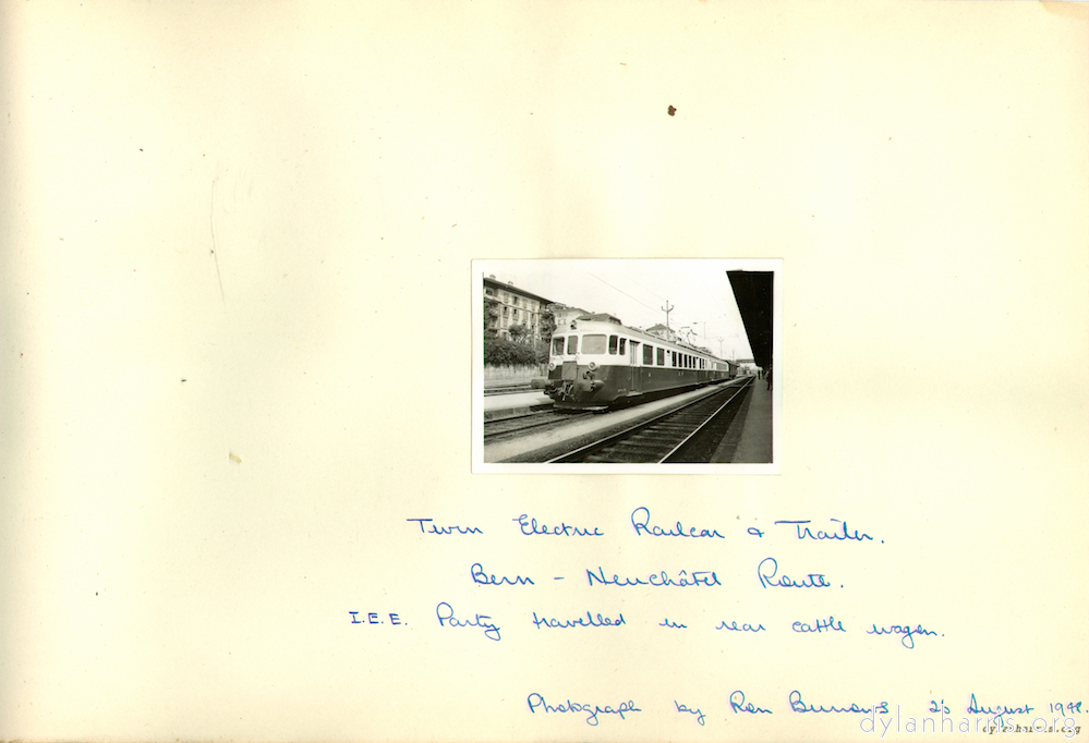 image: Twin Electric Railcar & Trailer. Bern - Neuchâtel Route. I.E.E. Party travelled in rear cattle wagon. Photography by Ray Burrows, 26 August 1948.